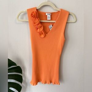 Cache Sleeveless Orange Ribbed V-Neck Top with Floral Accent